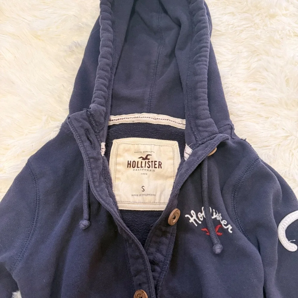 Hollister Navy Blue Button Up Hoodie Spellout Sleeve Y2K Surf Women Small S - Picture 2 of 3